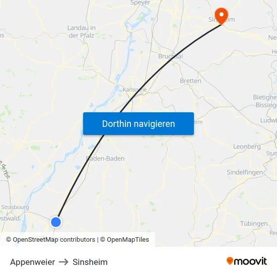 Appenweier to Sinsheim map