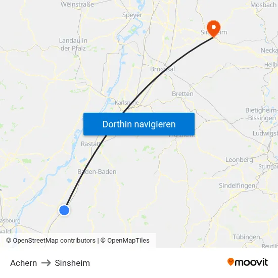 Achern to Sinsheim map