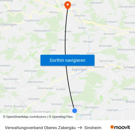 Verwaltungsverband Oberes Zabergäu to Sinsheim map