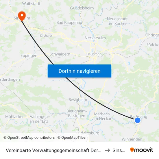 Vereinbarte Verwaltungsgemeinschaft Der Stadt Backnang to Sinsheim map