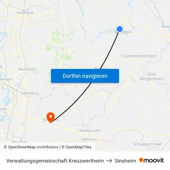 Verwaltungsgemeinschaft Kreuzwertheim to Sinsheim map