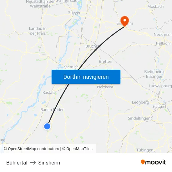 Bühlertal to Sinsheim map