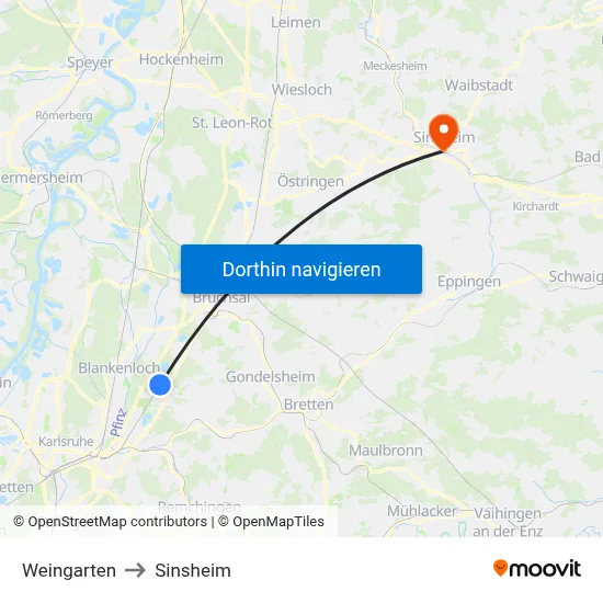 Weingarten to Sinsheim map