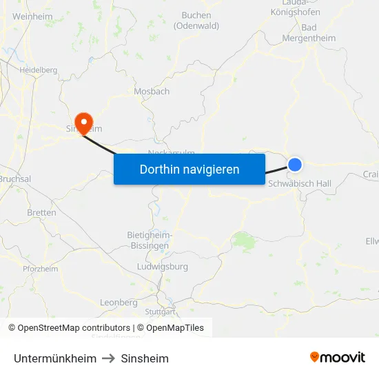Untermünkheim to Sinsheim map