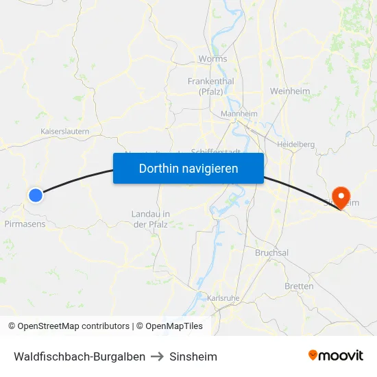 Waldfischbach-Burgalben to Sinsheim map