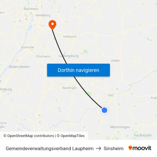 Gemeindeverwaltungsverband Laupheim to Sinsheim map