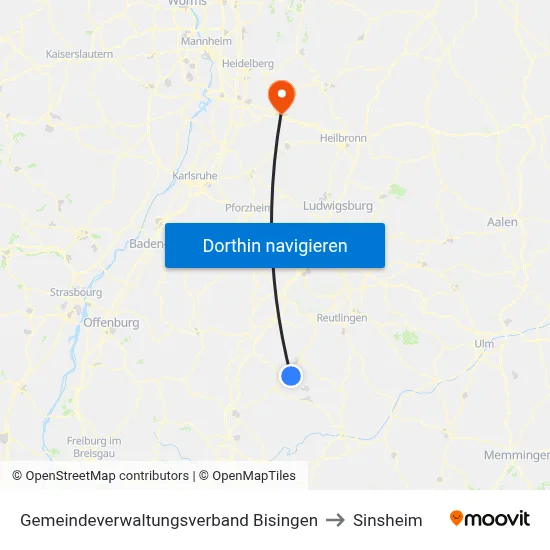 Gemeindeverwaltungsverband Bisingen to Sinsheim map