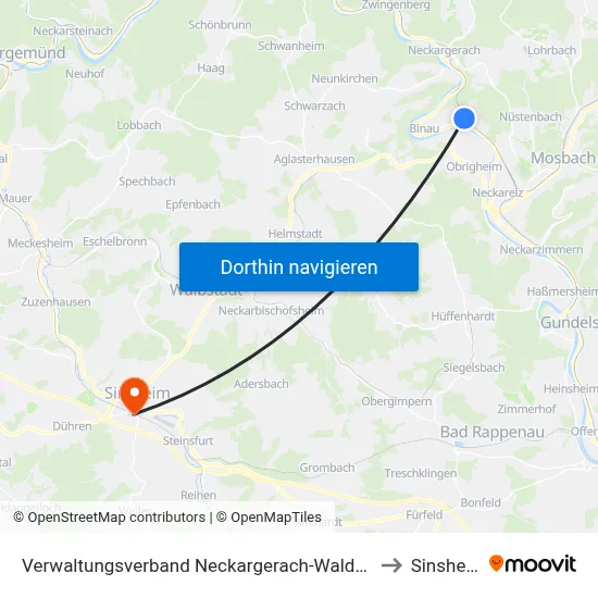 Verwaltungsverband Neckargerach-Waldbrunn to Sinsheim map