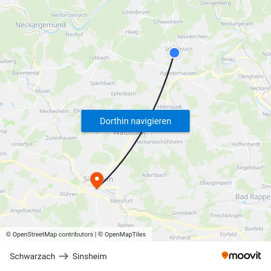 Schwarzach to Sinsheim map