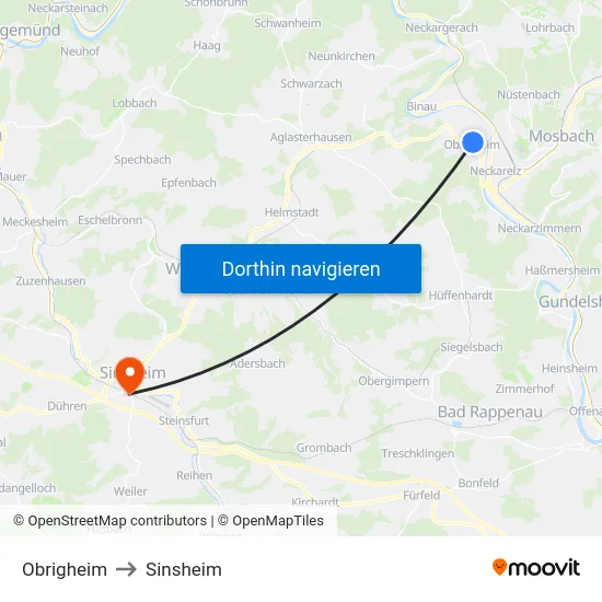 Obrigheim to Sinsheim map