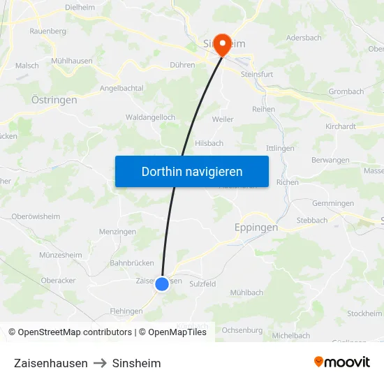 Zaisenhausen to Sinsheim map