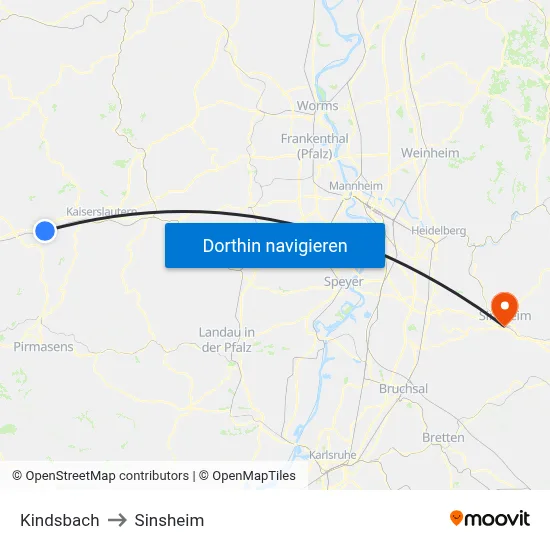 Kindsbach to Sinsheim map