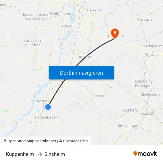 Kuppenheim to Sinsheim map