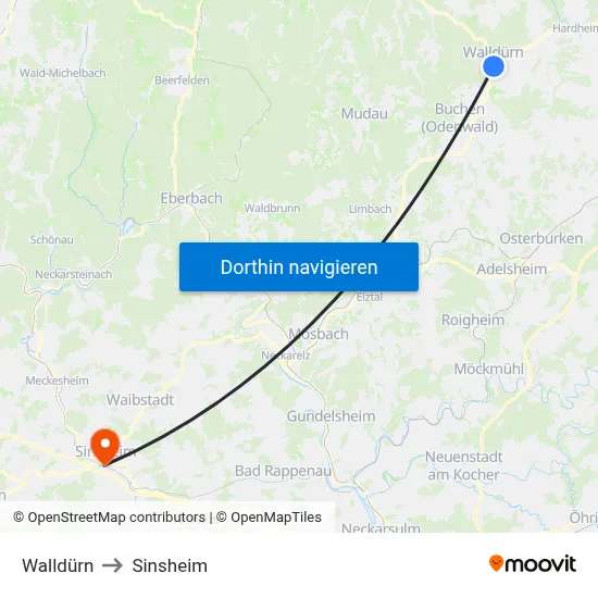 Walldürn to Sinsheim map