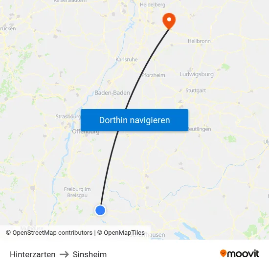 Hinterzarten to Sinsheim map