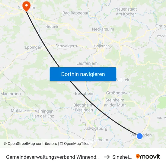 Gemeindeverwaltungsverband Winnenden to Sinsheim map