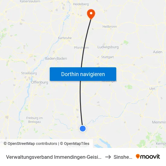 Verwaltungsverband Immendingen-Geisingen to Sinsheim map