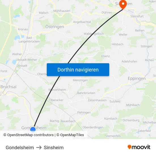 Gondelsheim to Sinsheim map