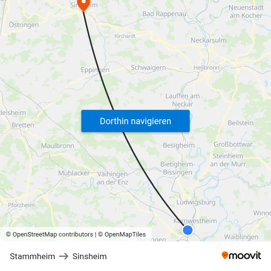 Stammheim to Sinsheim map