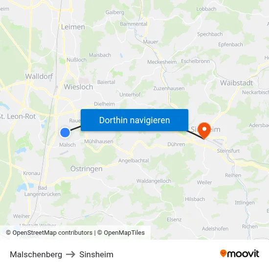 Malschenberg to Sinsheim map