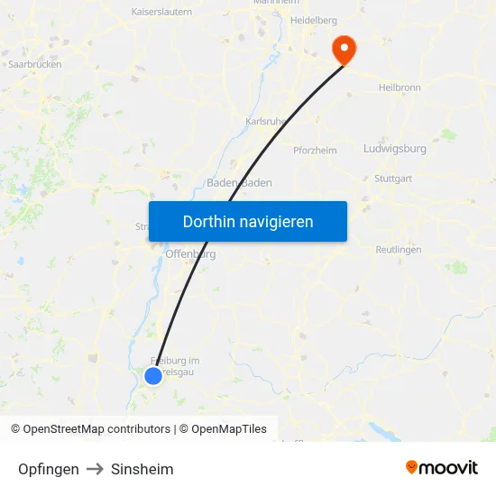 Opfingen to Sinsheim map
