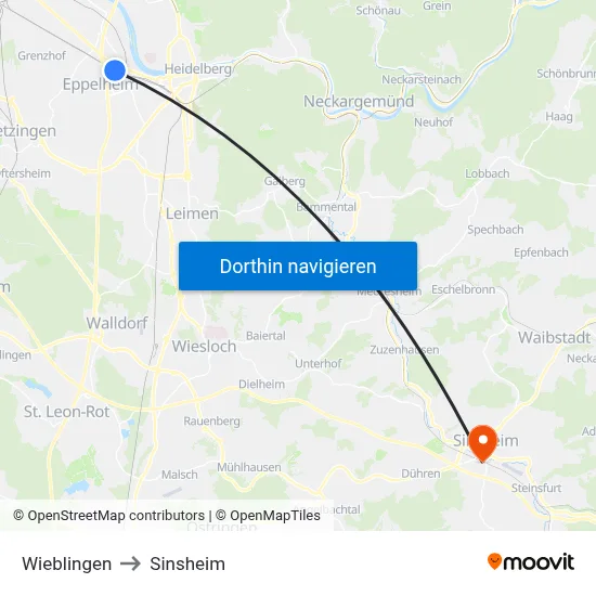 Wieblingen to Sinsheim map