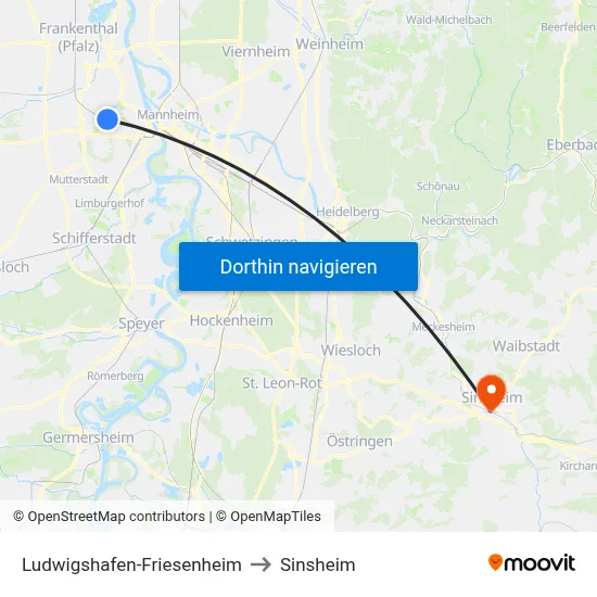 Ludwigshafen-Friesenheim to Sinsheim map