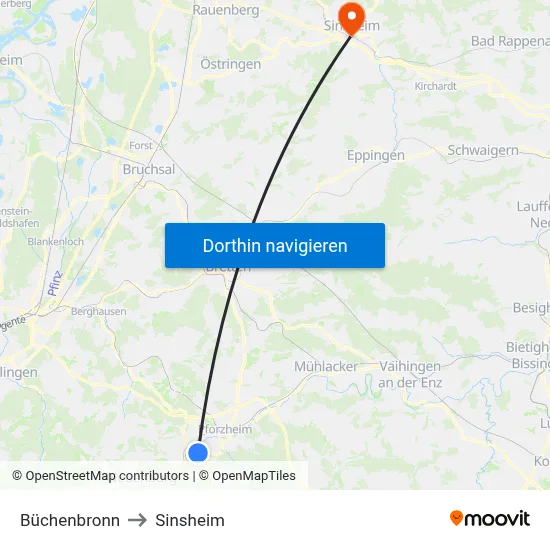 Büchenbronn to Sinsheim map