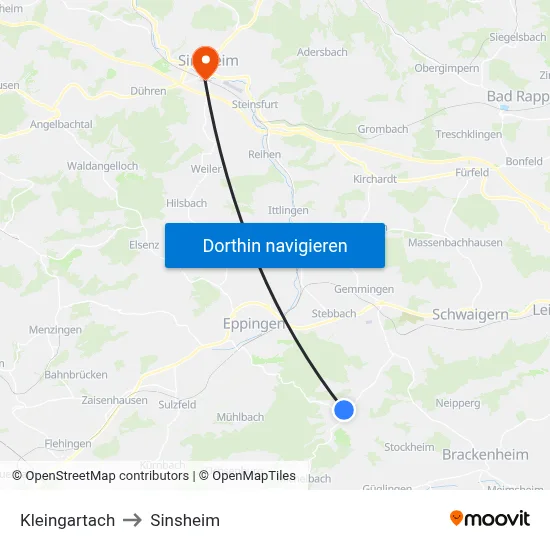Kleingartach to Sinsheim map