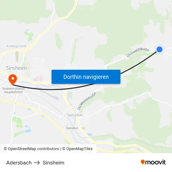 Adersbach to Sinsheim map
