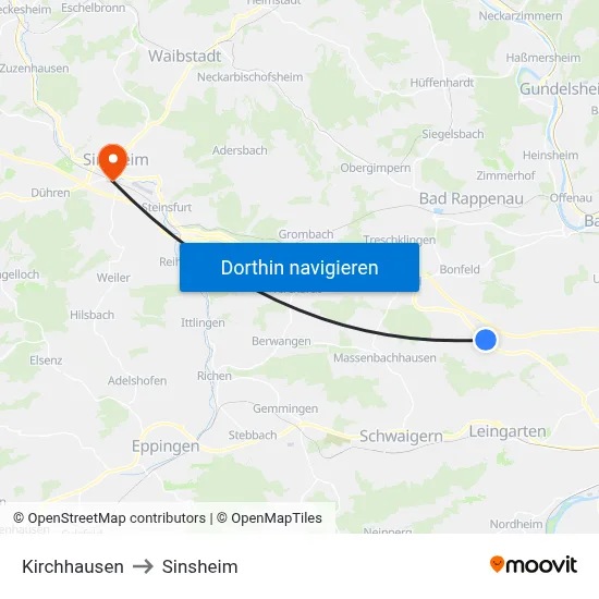 Kirchhausen to Sinsheim map