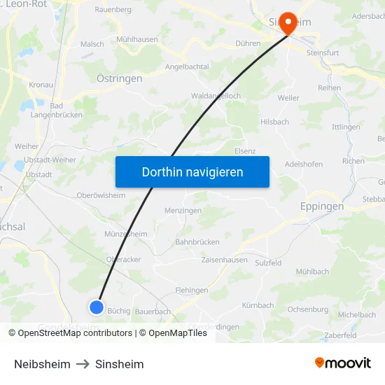 Neibsheim to Sinsheim map