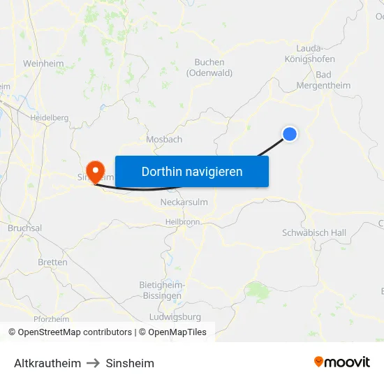 Altkrautheim to Sinsheim map