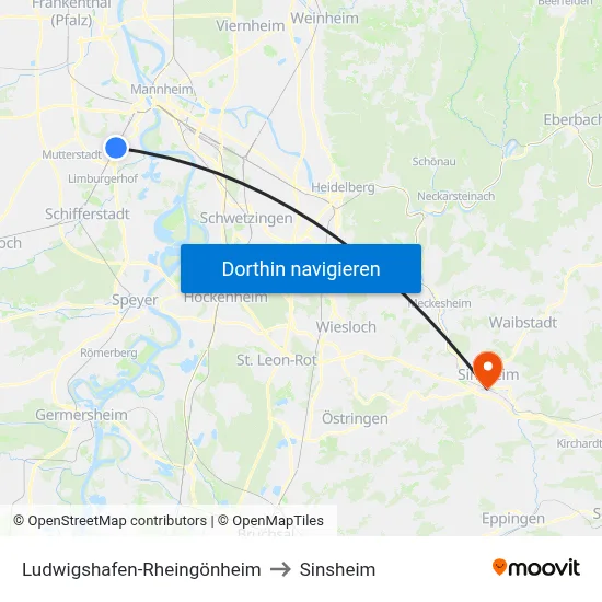 Ludwigshafen-Rheingönheim to Sinsheim map