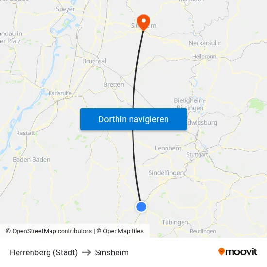 Herrenberg (Stadt) to Sinsheim map