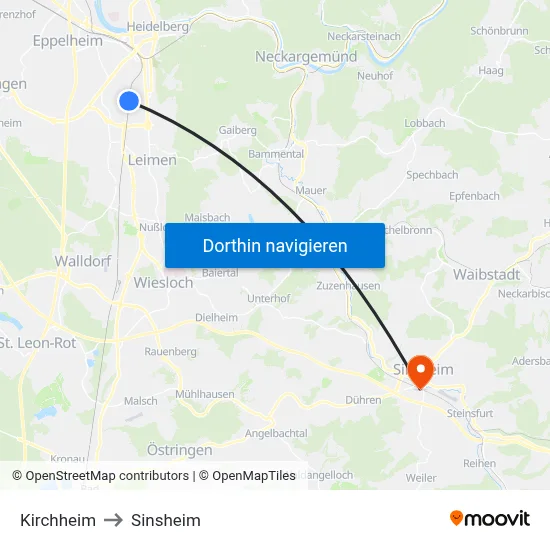 Kirchheim to Sinsheim map