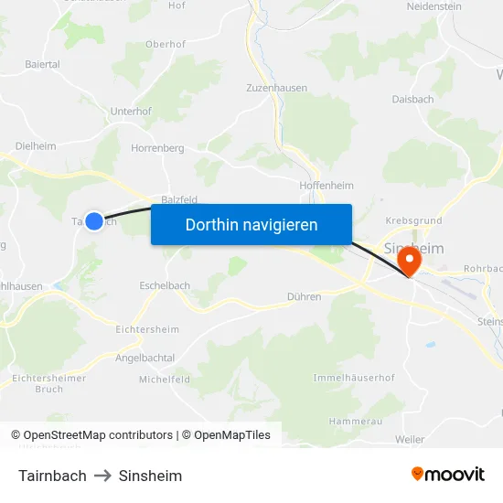 Tairnbach to Sinsheim map