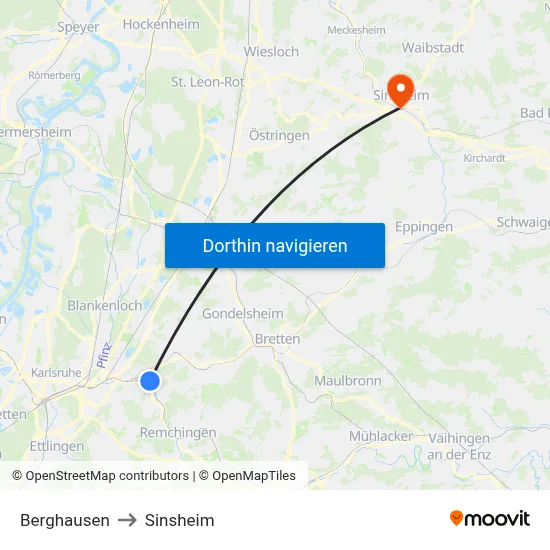 Berghausen to Sinsheim map