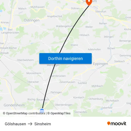 Gölshausen to Sinsheim map