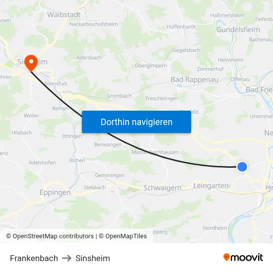 Frankenbach to Sinsheim map