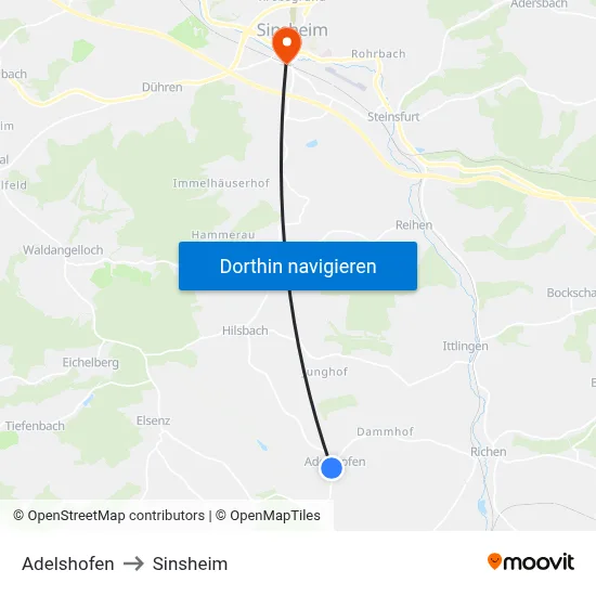 Adelshofen to Sinsheim map