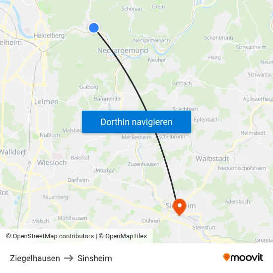 Ziegelhausen to Sinsheim map