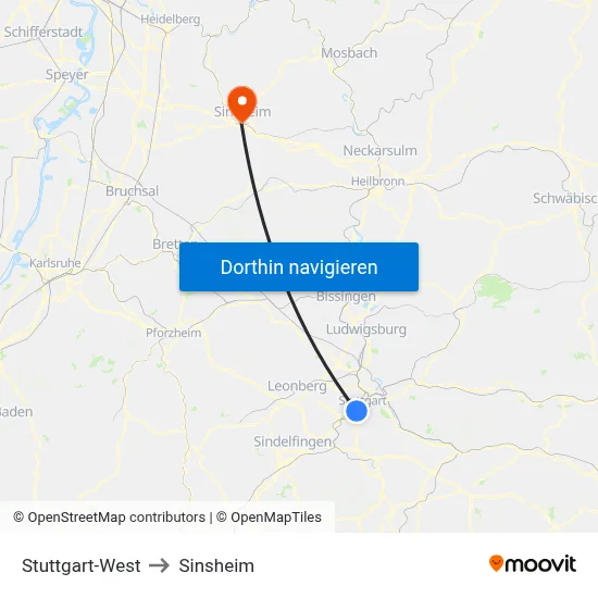 Stuttgart-West to Sinsheim map