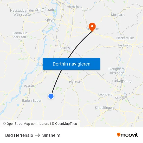 Bad Herrenalb to Sinsheim map