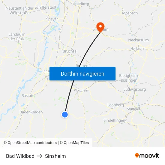 Bad Wildbad to Sinsheim map