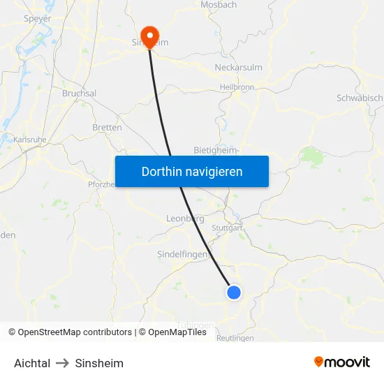 Aichtal to Sinsheim map