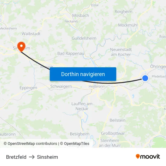 Bretzfeld to Sinsheim map
