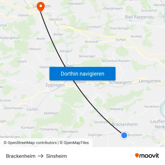 Brackenheim to Sinsheim map