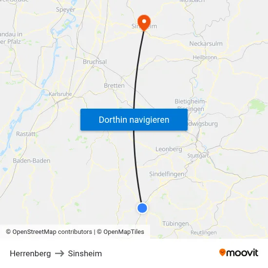 Herrenberg to Sinsheim map