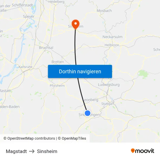 Magstadt to Sinsheim map